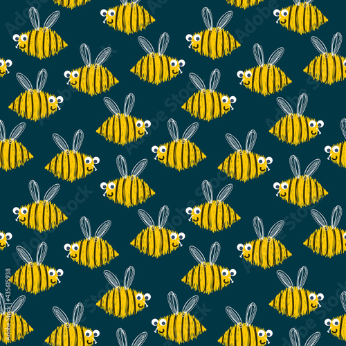 Seamless pattern of fluffy bees on a dark background.