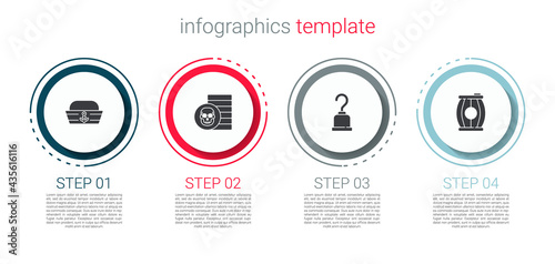 Set Sailor hat, Pirate coin, hook and Gun powder barrel. Business infographic template. Vector