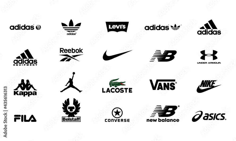 Vector logo sportwear brands: adidas, new balance, Under Armour, Jordan,  Kappa, Asics, Reebok, NIKE, Vans, converse, Puma, levis, fila, Lacoste,  Belstaff. Zaporizhzhia, Ukraine - May 25, 2021 Stock Vector | Adobe Stock