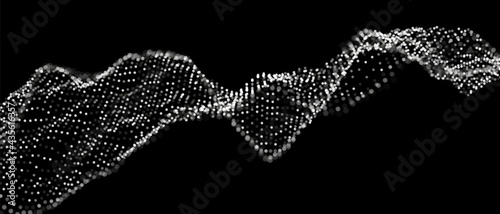 Abstract white particle background. Flow wave with dot landscape. Digital data structure. Future mesh or sound grid. Pattern point visualization. Technology vector illustration.