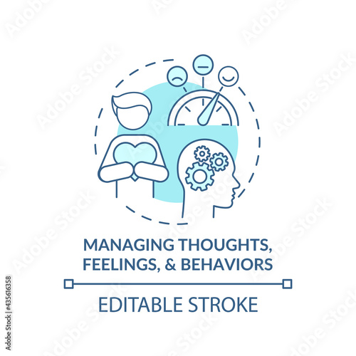 Managing thoughts, feelings and behaviors concept icon. Addiction recovery steps. Body health care. Meds abstract idea thin line illustration. Vector isolated outline color drawing. Editable stroke