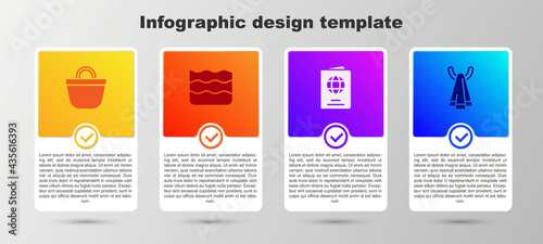 Set Beach bag, Wave, Passport and Towel on hanger. Business infographic template. Vector