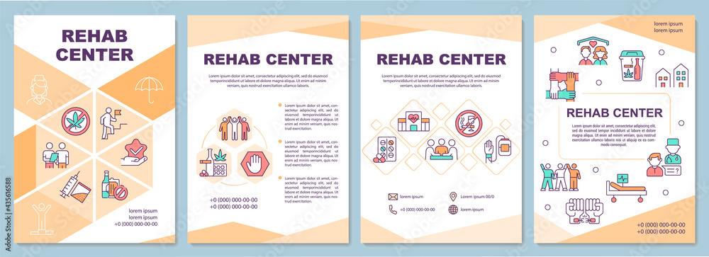 Rehab center brochure template. Patient addiction treatment. Flyer, booklet, leaflet print, cover design with linear icons. Vector layouts for presentation, annual reports, advertisement pages