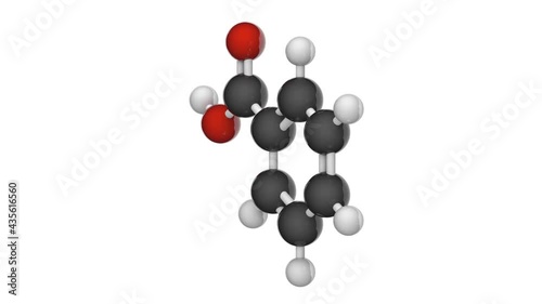 Benzoic acid (Carboxybenzene) is widely used as a food preservative E210. Formula: C7H6O2. 3D render. Seamless loop. Chemical structure model: Ball and Stick. White background photo