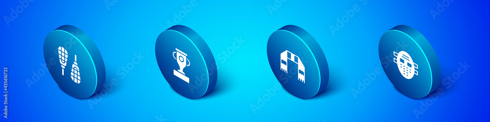 Set Isometric Snowshoes, Winter scarf, Hockey mask and Award cup icon. Vector Set Isometric Snowshoes, Winter scarf, Hockey mask and Award cup icon. Vector