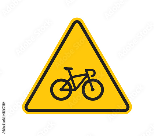 Vector yellow triangle sign - black silhouette bicycle. Isolated on white background.