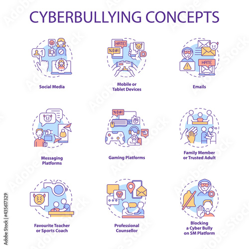 Cyberbullying concept icons set. Harassing people online idea thin line RGB color illustrations. Social media. Blocking cyber bully on SM platform. Vector isolated outline drawings. Editable stroke