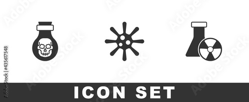 Set Poison in bottle, Bacteria and Test tube radiation icon. Vector