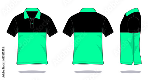 Two-tone short sleeve polo shirt black-turquoise design vector on white background.Front, back and view.