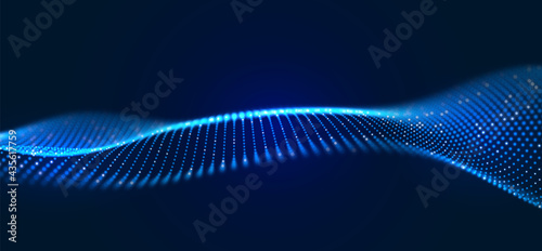 Dynamic blue particle wave. Abstract sound visualization. Flow digital structure. Mesh landscape or grid data technology.
