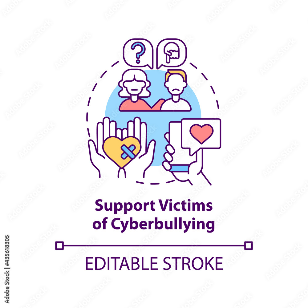 Supporting cyberbullying victims concept icon. Cyberbullying prevention idea thin line illustration. Boosting victim self-esteem, resilience. Vector isolated outline RGB color drawing. Editable stroke