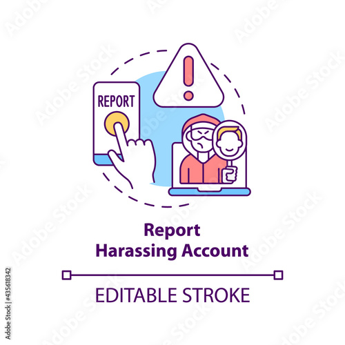 Reporting harassing account concept icon. Cyberbullying prevention idea thin line illustration. Informing about abusive messages, comments. Vector isolated outline RGB color drawing. Editable stroke