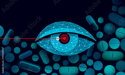 Dietary supplement vitamin vision capsule. Eye clear health care drug medicine science chemistry innovation technology polygonal 3D render. Woman eye isolated banner template vector illustration