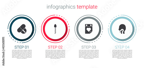 Set Medicine pill or tablet, Sperm, Doctor appointment and Sore throat. Business infographic template. Vector