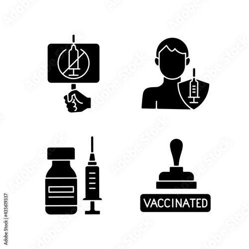 Immunization against virus black glyph icons set on white space. Anti vaxxer protest. Adult vaccination. Vial with syringe. Health care and medicine. Silhouette symbols. Vector isolated illustration