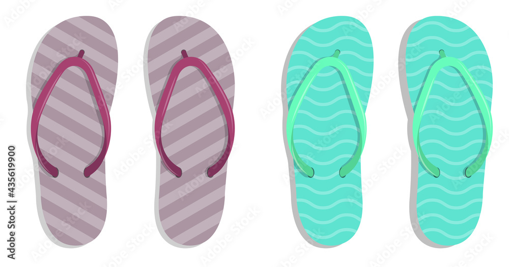 Beach rubber slippers in cartoon style stand on sandy seashore. Beach shoes. Color vector Beach rubber slippers in cartoon style stand on sandy seashore. Beach shoes. Color vector
