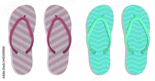 Beach rubber slippers in cartoon style stand on sandy seashore. Beach shoes. Color vector