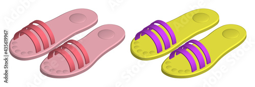 Isometric beach rubber slippers. Beach shoes. 3d vector