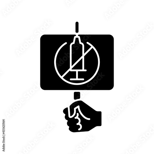 Anti vaxxer black glyph icon. Demonstration against covid drug injections. Placard for anti vax protest. Health care and medicine. Silhouette symbol on white space. Vector isolated illustration