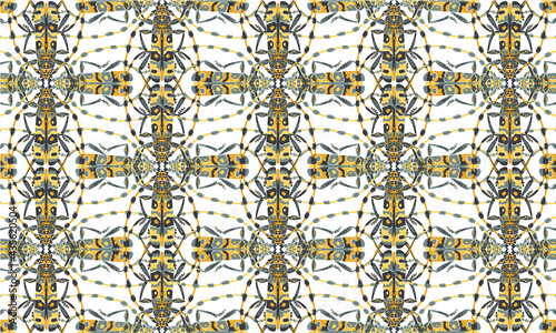 Seamless pattern with detailed illustrations of longhorn beetle insects on a white background, in mosaic repeat.