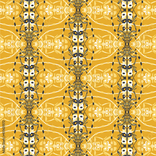 Seamless pattern with decorative illustrations of longhorn beetle insects on a dark yellow background in checked repeat.