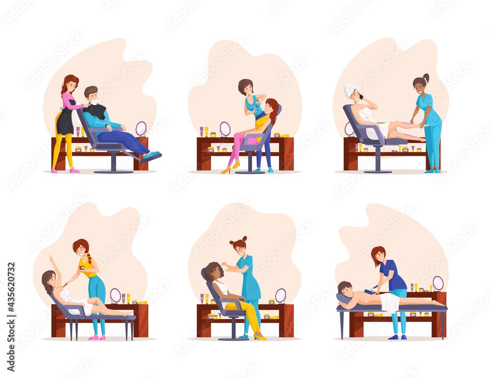Collection of beauty spa procedures hair removing at salon. Set of female beautician work with clients, shaving, brow correction, waxing and body depilation use equipment