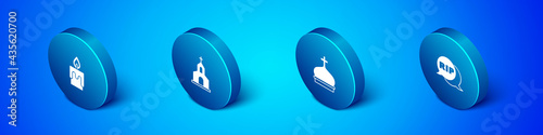 Set Isometric Burning candle, Church tower, Speech bubble rip death and building icon. Vector