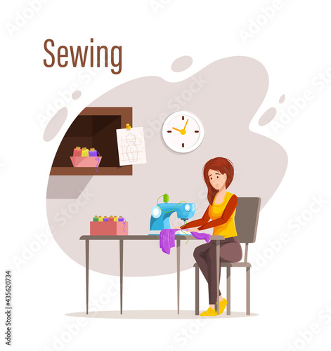 Female dressmaker sewing creative handmade clothes. Woman seamstress sewing dress on sewing machine at home or atelier