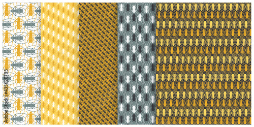 Set of 5 different, simple, seamless patterns with silhouettes of longhorn beetle insects.