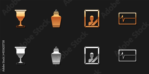 Set Christian chalice, Funeral urn, Mourning photo frame and Beat dead monitor icon. Vector