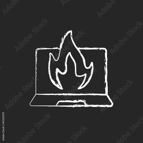 Computer burning chalk white icon on black background. Hardware crash, overheating issue. Burning laptop, PC problems. Tech support, repair service. Isolated vector chalkboard illustration
