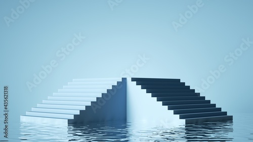 3d render, abstract blue background, empty staircase pedestal, empty podium for product presentation with reflections in the water. Modern minimal showcase © wacomka