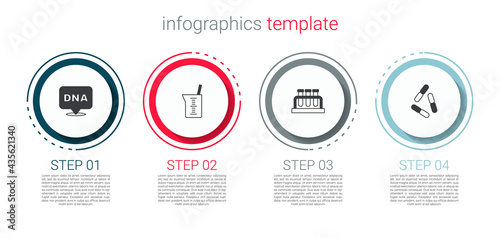 Set DNA symbol, Laboratory glassware or beaker, Test tube and flask and Virus. Business infographic template. Vector
