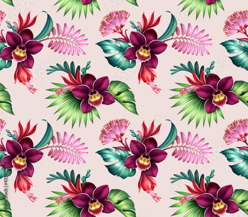 Fototapeta Naklejka Na Ścianę i Meble -  seamless floral pattern with orchids and monstera, assorted tropical flowers and leaves isolated on pink background, botanical wallpaper