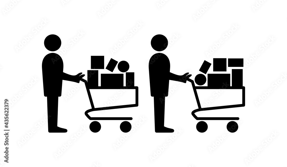 Panic Buying Icon with People in a Queue and Full Shopping Carts. Vector Image.