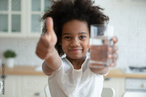 Portrait of happy small African American girl child recommend drinking clean mineral water every day. Smiling little biracial ethnic child show thumb up follow healthy lifestyle. Hydration concept.