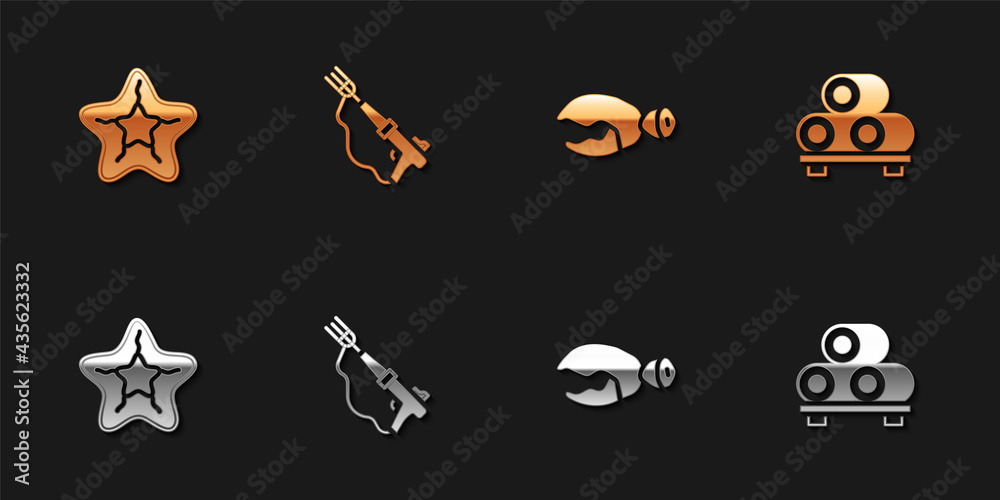 Set Starfish, Fishing harpoon, Lobster or crab claw and Sushi cutting board icon. Vector