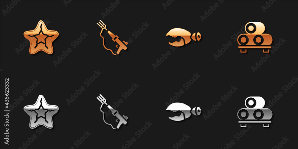 Naklejka premium Set Starfish, Fishing harpoon, Lobster or crab claw and Sushi cutting board icon. Vector