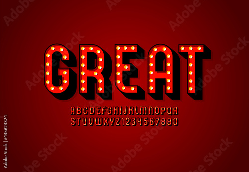3D modern Font, retro volumetric alphabet, condensed letters and numbers with light bulbs, vector illustration 10eps