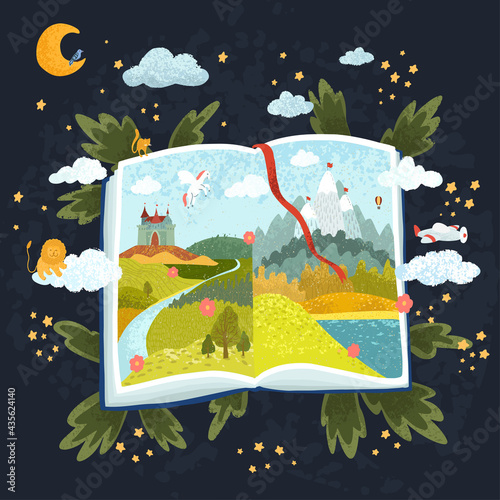 Vector colorful textured illustration of open book of fairy tales in the night sky background with stars and moon