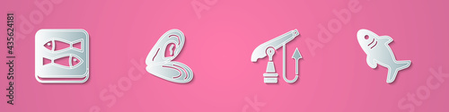 Set paper cut Canned fish, Mussel, Fishing harpoon and Shark icon. Paper art style. Vector