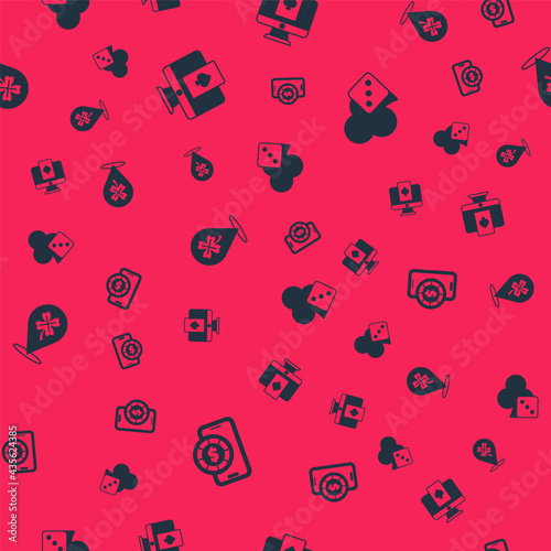 Set Online poker table game, , Casino slot machine with clover and Game dice on seamless pattern. Vector