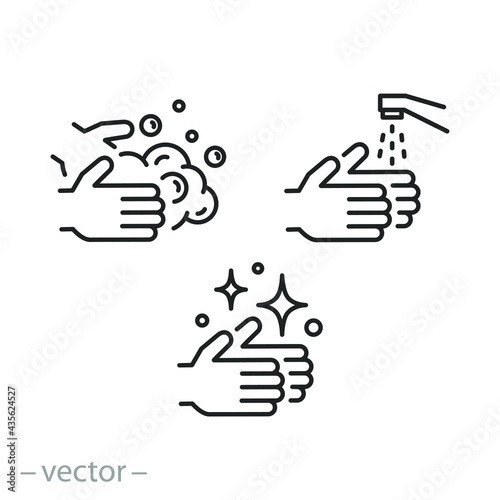 Hand wash infographic. Icon set. Concept hygiene or clean. Step cleaning process. Instruction, thin line symbols on white background - editable stroke vector  illustration eps10.