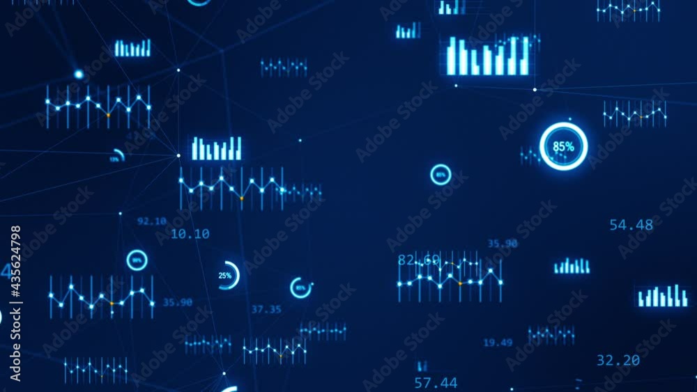 Motion graphic of Blue technology icon with chart graph, line graph and circle graph levitation with camera zoom out abstract background concept seamless loop video