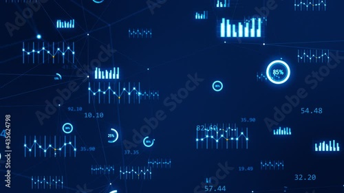 Motion graphic of Blue technology icon with chart graph, line graph and circle graph levitation with camera zoom out abstract background concept seamless loop video
