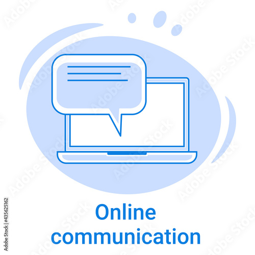 Icon of online communications and social networks.Messengers and the use of Internet technologies.Laptop and speech bubble.Vector illustration of a thin line icon on a blue background.