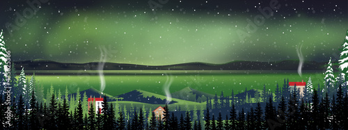 Winter night with northern lights landscape in starry night with crescent moon, shining stars and comet falling over behind mountain and pine tree,Vector Night sky and spectacular aurora borealis