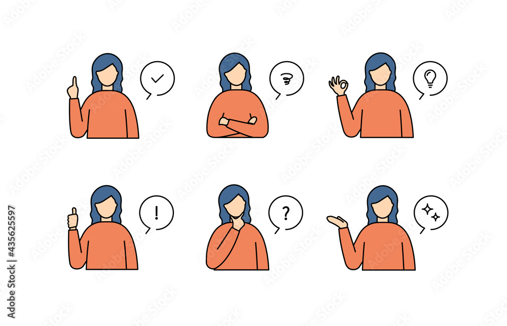 色々なポーズの女性のイラストセット アイコン 人物 ふきだし シンプル 感情 上半身 Stock Vector Adobe Stock