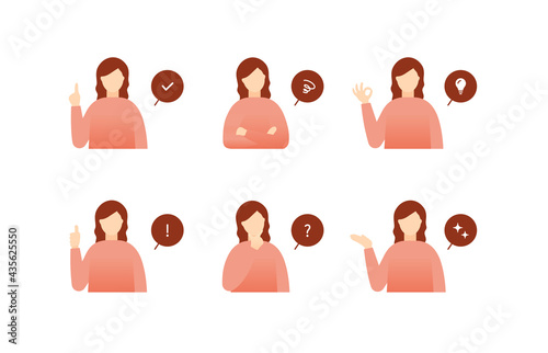 色々なポーズの女性のイラストセット　アイコン　人物　ふきだし　シンプル　感情　上半身