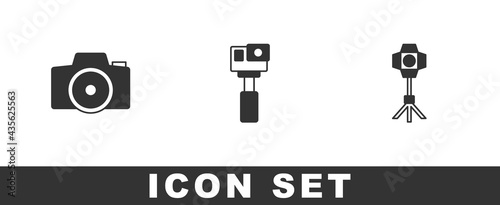 Set Photo camera, Action and Softbox light icon. Vector